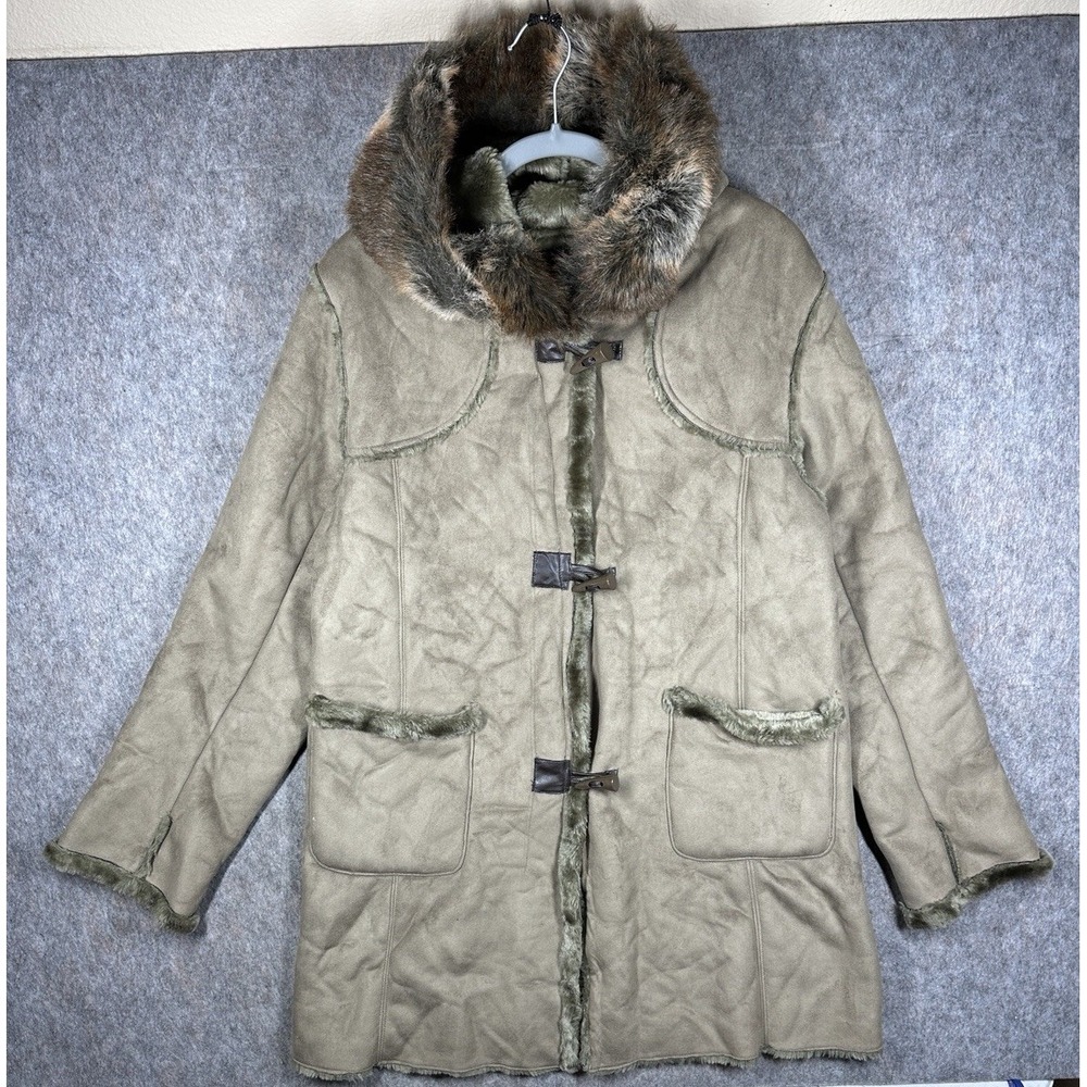 Y2K Chadwicks Womens M Faux Shearling Coat Tan Fur Hood Toggle Sherpa Lined